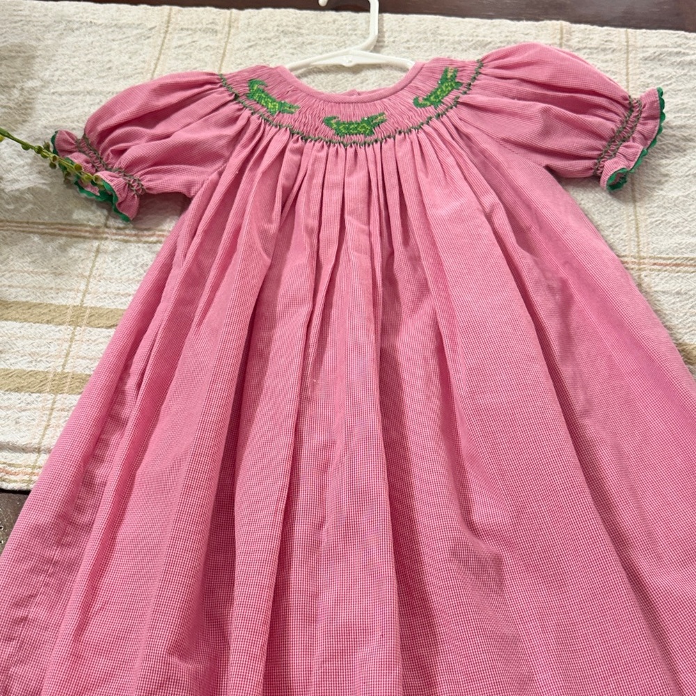 Pink Smocked Girls Dress with Green Embroidery